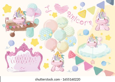 Cute unicorn set pictures for a fun party celebration day.