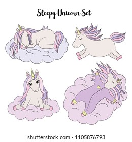 Cute unicorn set sleeping magic horse fantasy vector illustration, little pony cartoon character. For girlish theme, baby shower decoration, scrapbook, clothing print, nursery design, kids fashion.