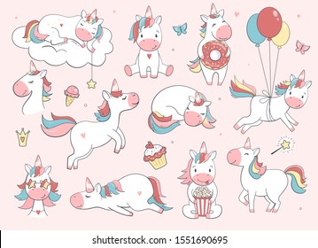 Cute unicorn set.  Vector characters for birthday, invitation, baby shower card, kids t-shirts and stickers kit. Hand drawn nursery illustration. 