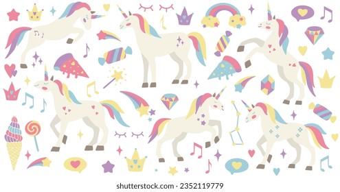 Cute unicorn set. Vector characters for birthday, invitation, baby shower card, kids t-shirts and stickers kit. Hand drawn nursery illustration.