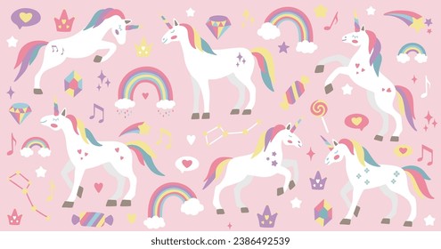 Un juego de unicornio lindo. Personajes vectores para cumpleaños, invitación, tarjeta de ducha para bebés, camisetas para niños y kit de pegatinas. Ilustración del vivero dibujada a mano.