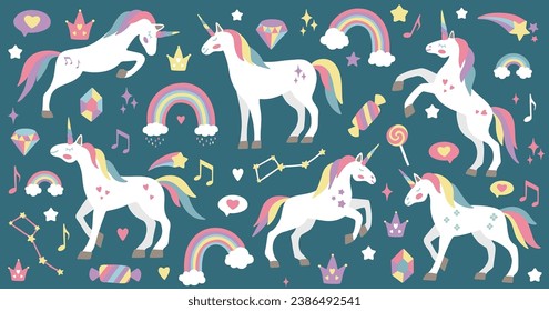 Cute unicorn set. Vector characters for birthday, invitation, baby shower card, kids t-shirts and stickers kit. Hand drawn nursery illustration.