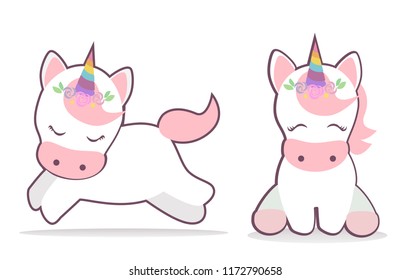 Cute unicorn set vector. Kawaii style illustration.