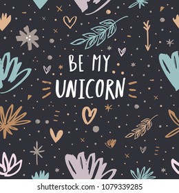 Cute unicorn sign, white hand lettering. Baby art style. Decor elements for your stuff and graphic design. Good for gift card and kids products. Vector and jpg image. Clipart, isolated details.