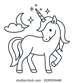 Cute unicorn simple cartoon vector coloring book illustration. Simple flat line doodle icon contemporary style design element isolated on white. Magical creatures, fantasy, dreams theme.