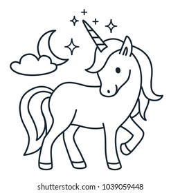 Cute Unicorn Simple Cartoon Vector Coloring Book Illustration. Simple Flat Line Doodle Icon Contemporary Style Design Element Isolated On White. Magical Creatures, Fantasy, Dreams Theme.