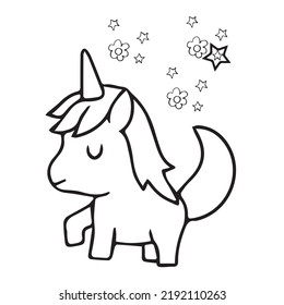 Cute unicorn simple cartoon vector coloring book illustration. Simple flat line doodle icon contemporary style design element isolated on white. Magical creatures, fantasy, dreams theme.