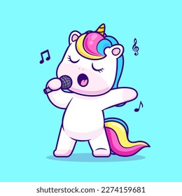 Cute Unicorn Singing With Microphone Cartoon Vector Icon Illustration. Animal Music Icon Concept Isolated Premium Vector. Flat Cartoon Style