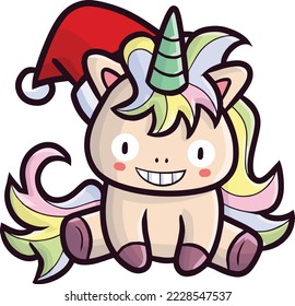 Cute unicorn sit down happily celebrating christmas