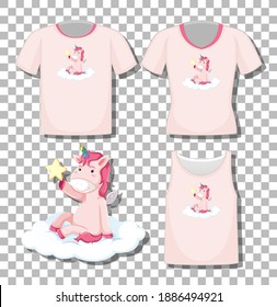 Cute unicorn sit on the cloud cartoon character with set of different shirts isolated on transparent background illustration