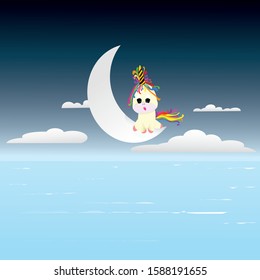 Cute Unicorn siting on moon with blue sea and clound in night sky, Vector illustration design.