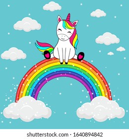 Cute unicorn siting on a rainbow with stars. Cartoon beautiful vector illustration.