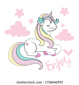 Cute unicorn sits and the inscription enjoy on a white background. Birthday card