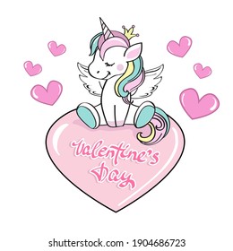 Cute unicornio se sienta en el corazón y deja el día de San Valentín con un fondo blanco aislado. Postal para las vacaciones. Animales divertidos de dibujos animados para niños