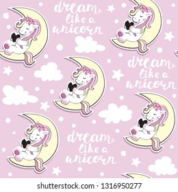 Cute unicorn sits on the moon and the inscription dream like a unicorn on a pink background seamless pattern