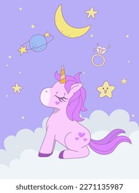 Cute unicorn sitting with eyes closed on the cloud with star in the sky. Vector design illustration.