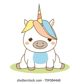 Cute unicorn sitting. Kawaii style. Cartoon magic animal character for kids, toddlers and babies fashion. Isolated vector design elements