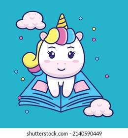 cute unicorn sitting on a book, suitable for children's books, birthday cards, valentine's day, stickers, book covers, greeting cards, printing.