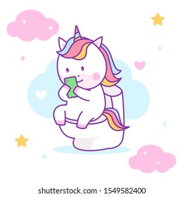 Cute unicorn sitting on closet and playing smartphone, perfect for kids fabric and greeting card