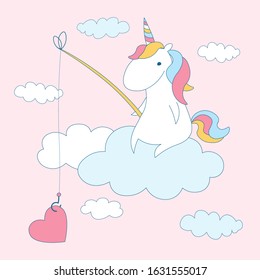 Cute unicorn sitting on a cloud and catching a heart. Lovely Valentines day card. Design ready for print,