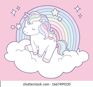 Cute unicorn sitting on a cloud with rainbow.