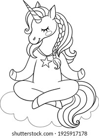 Cute Unicorn Sitting On A Cloud In Lotus Position. Meditation In Yoga Pose. Vector Outline For Coloring Page