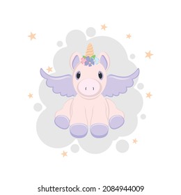 Cute unicorn sitting on cloud. Background for posters, invitation, postcard, greeting card, labels, baby shower,  wallpapers, textiles, papers, fabrics, web pages.