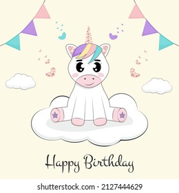 Cute unicorn sitting on the cloud. Birthday invitation or greeting 