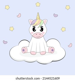 Cute unicorn sitting on the cloud.