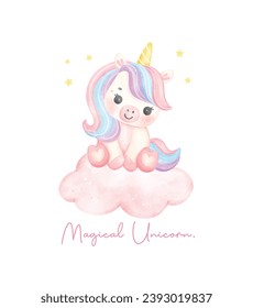 Cute unicornio sentado en la nube acuarela soñadora vivero Ilustración de arte. Magico Unicornio.