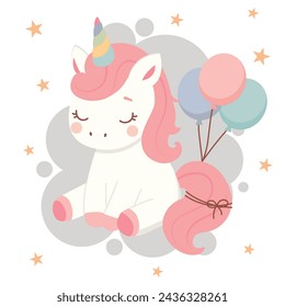 Lindo unicornio sentado en la nube. Invitación de cumpleaños o diseño de tarjeta de felicitación. Estilo plano