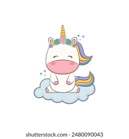 Cute unicorn sitting on a cloud. Vector illustration