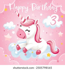 A cute unicorn is sitting on a cloud with stars in the background. The image is pink, happy birthday theme