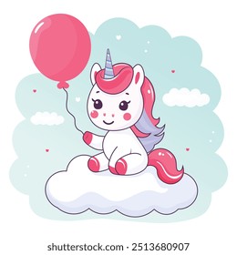 Unicórnio bonito sentado em uma nuvem com balão
