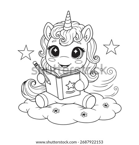 Cute Unicorn Sitting on a Cloud Reading a Book with a Pencil vector Unicorn Coloring Book Unicorn Coloring page Coloring page Coloring book for kids