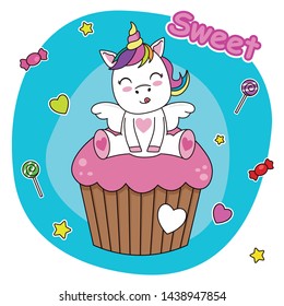 cute unicorn sitting on a cupcake. Birthday card