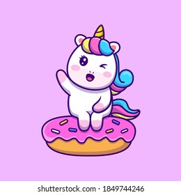 Cute Unicorn Sitting On Doughnut Cartoon Vector Icon Illustration. Animal Food Icon Concept Isolated Premium Vector. Flat Cartoon Style