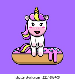 Cute Unicorn Sitting On Doughnut Cartoon Vector Icons Illustration. Flat Cartoon Concept. Suitable for any creative project.