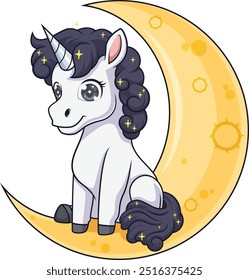 Cute unicorn sitting on a half moon vector illustration