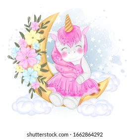 Cute Unicorn Sitting On The Moon Flower Illustration