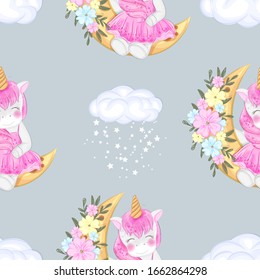 cute unicorn sitting on the moon flower seamless pattern