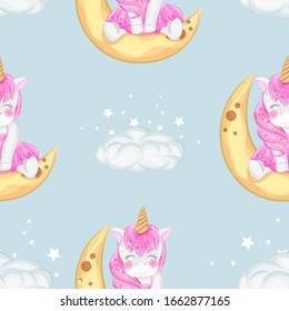 cute unicorn sitting on the moon illustration and seamless pattern