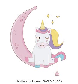 Cute unicorn sitting on the moon