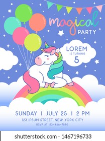 Cute unicorn sitting on the rainbow with balloons for party invitation card template.