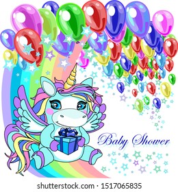 cute unicorn sitting on rainbow with a gift box  surrounded with colorful balloons stars and sparks. 