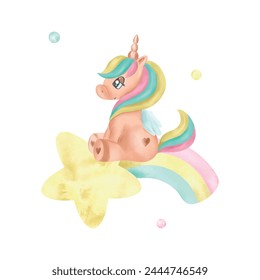 Cute unicorn sitting on a rainbow, watercolor. Hand drawn vector illustration in pastel colors for cards, invitations, websites, album covers. Set of elements for fantasy unicorns.