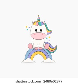 Cute unicorn sitting on a rainbow. Vector illustration