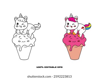 Cute unicorn sitting on top of a giant ice cream sundae coloring page