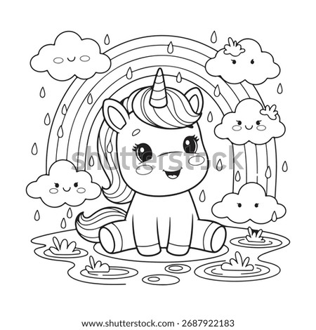 Cute Unicorn Sitting in Rain with Rainbow and Smiling Clouds fantasy Unicorn Coloring Book Unicorn Coloring page Coloring page Coloring book for kids