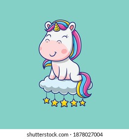 Cute unicorn sitting in the sky. Unicorn mascot cartoon character